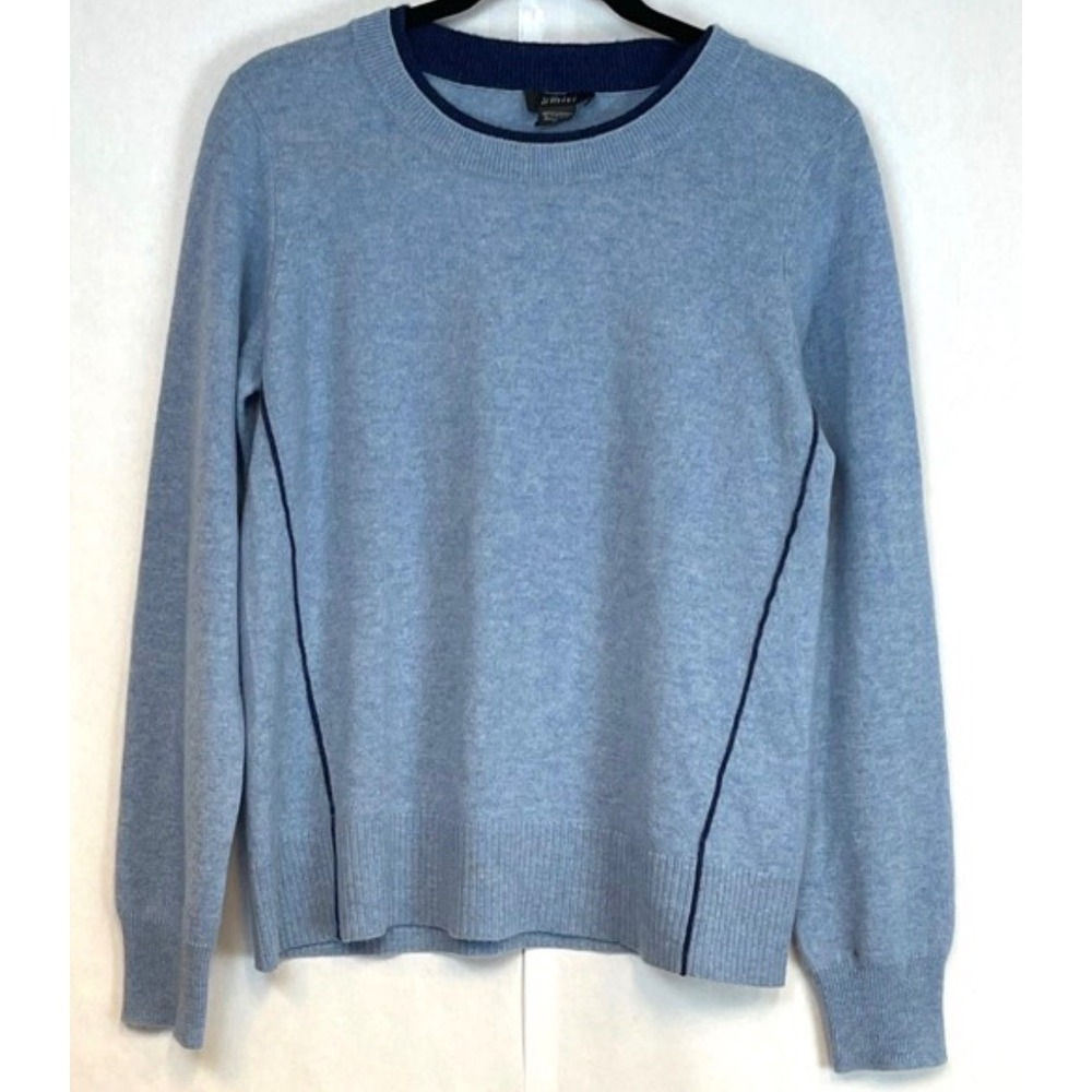 PURE AMICI 100% Cashmere Sweater Women Medium Light Blue Navy Trim Crew Neck LS